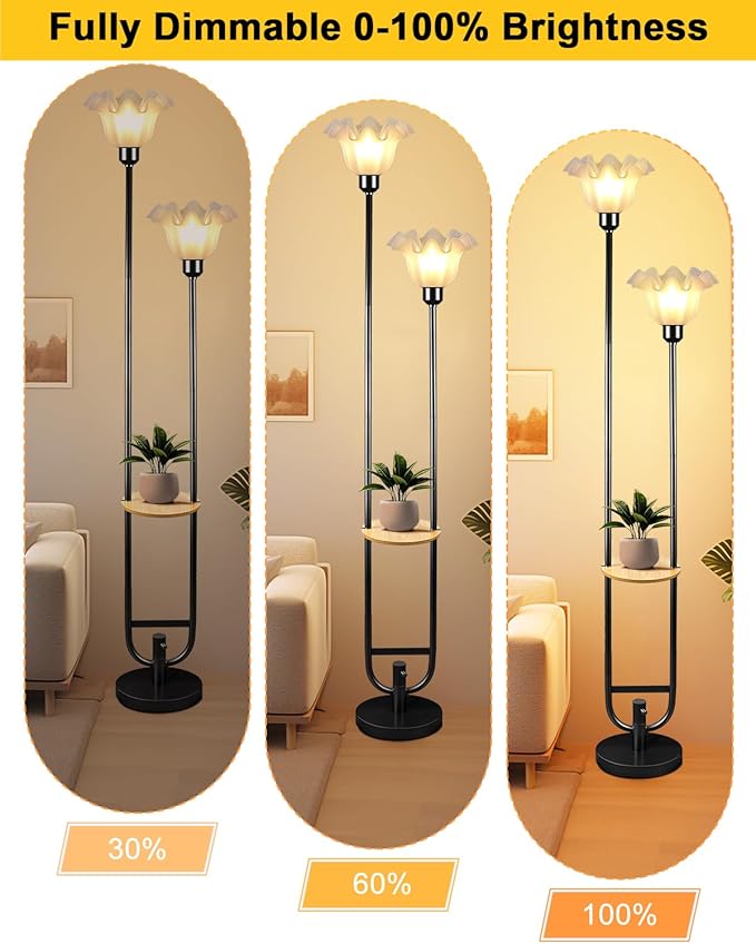 ACOHOOK Dimmable Flower Floor Lamps with Table, 2-Lights Floral Floor Lamp, 3000K Warmwhite Candle Holder Style Modern Floor Lamp, Rustic Black Standing Lamp for Living Room Bedroom