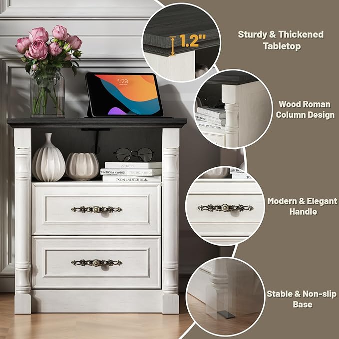 Farmhouse Nightstand with Charging Station and 2 Storage Drawers, 22" Wide Wood Vintage Night Stand with Charger and Roman Column, Rustic End Table, Bedside Table for Bedroom, Antique White