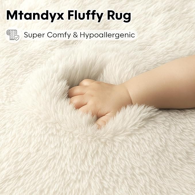 Mtandyx 5x7 Plush Fluffy Area Rugs, Large Soft Carpet, Upgraded Non-Slip Rectangular Rug for Living Room, Bedroom, Kids Room, Dorm, Modern Home Decor Aesthetic,Cream White.