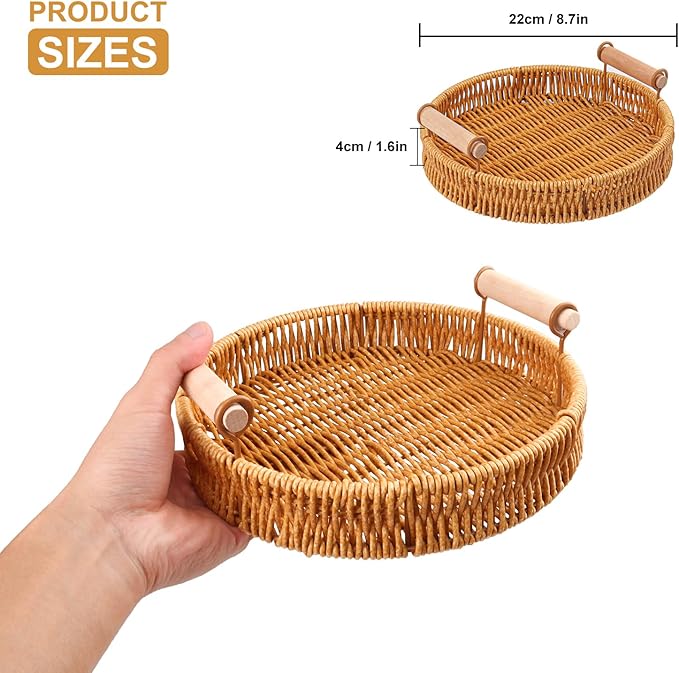 4 Pack 8.9 inch Round Rattan Tray, Round Woven Serving Basket with Handles, Storage Rattan Serving Trays for Home, Restaurant & Hotel Use, Durable & Easy-Cleaning