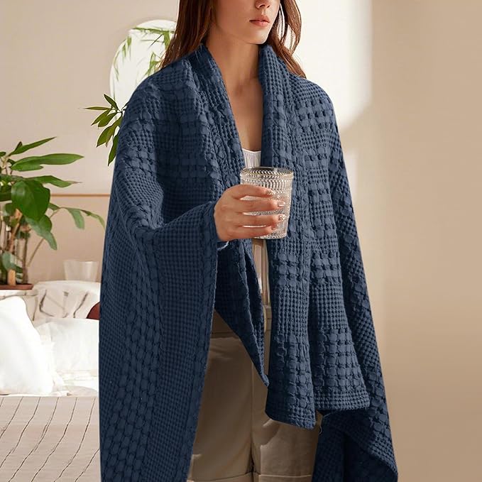 PHF 100% Cotton Waffle Weave Throw Blanket, Soft Lightweight Breathable Cozy Throws for Couch Bed Sofa, 300 GSM Luxury Aesthetic Blanket Gift for Home Decor & Office, 50"x60", Indigo