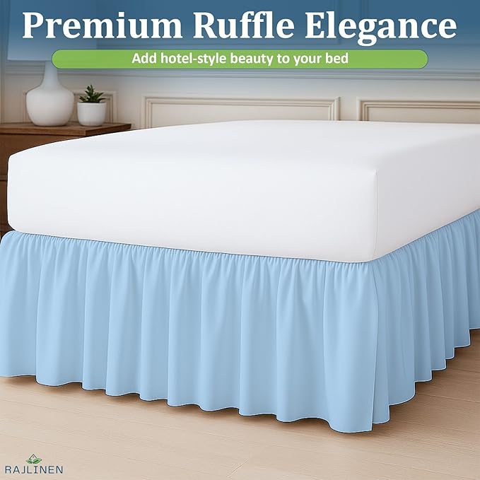 Rajlinen Ruffled Bed Skirt Full XL, 8 Inch Drop Dust Ruffle with Split Corners, 100% Microfiber Bedskirt with Platform, Three-Sided Coverage Ruffled Gathering Design, Light Blue