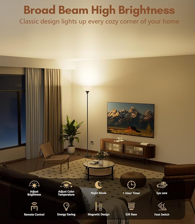 luckystyle Torchiere Floor Lamp,1200LM Dimmable Standing Lamps with Remote and Foot Switch,Custom Color Temperature Super Bright Tall Lamp for Living Room Bedroom Office,Floor Light with 12W LED Bulb