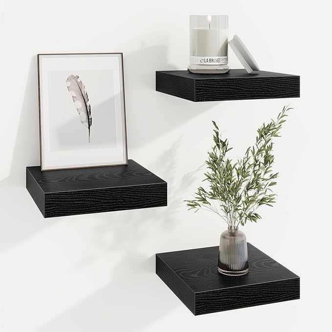 Marsmiles Square Floating Shelves for Wall, 8" W x 8" D x 1.25" H, 3 Pack Small Wall Mounted Engineered Wood Shelves with Invisible Brackets for Living Room, Bedroom, Bathroom, Kitchen Decor, Black
