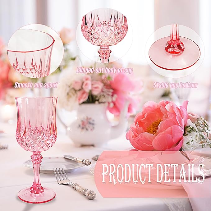 24 PCS Pink Plastic Wine Glasses,Reusable Plastic Wine Glasses,Pink Goblet Glass,Durable and Sturdy Cups Can Be Used for Various Parties Such as Weddings!