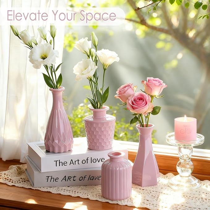 Valentine's Day Blush Pink Glass Bud Vase Set of 12 – Mini Vintage Vases for Flowers, Centerpieces, Wedding & Home Décor