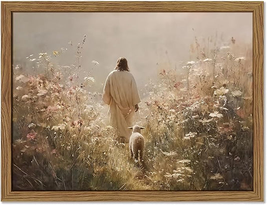 Framed Jesus Leaves the 99 Sheep Canvas Wall Art, Christian Canvas Wall Decor, The Lost Sheep Posters Prints Home Decor for Living Room Bedroom Church Prayer 12x16 inch