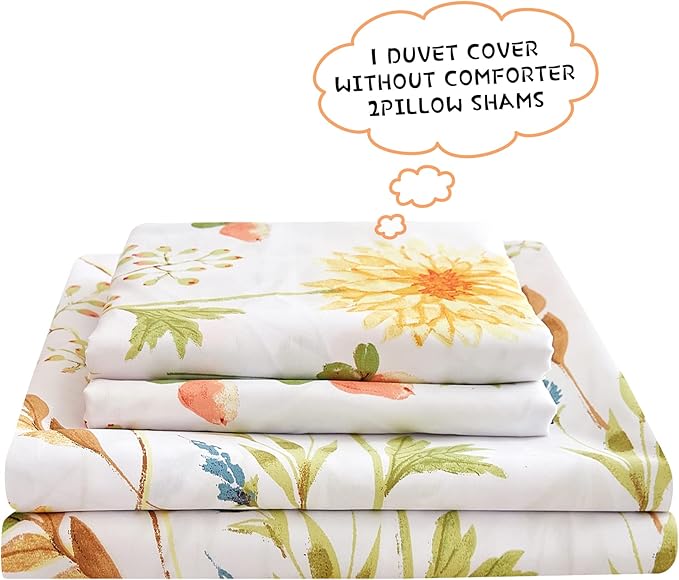 JSD Yellow Floral Duvet Cover Set Queen Size, 3 Piece Spring Printed Microfiber Comforter Covers Zipper Closure