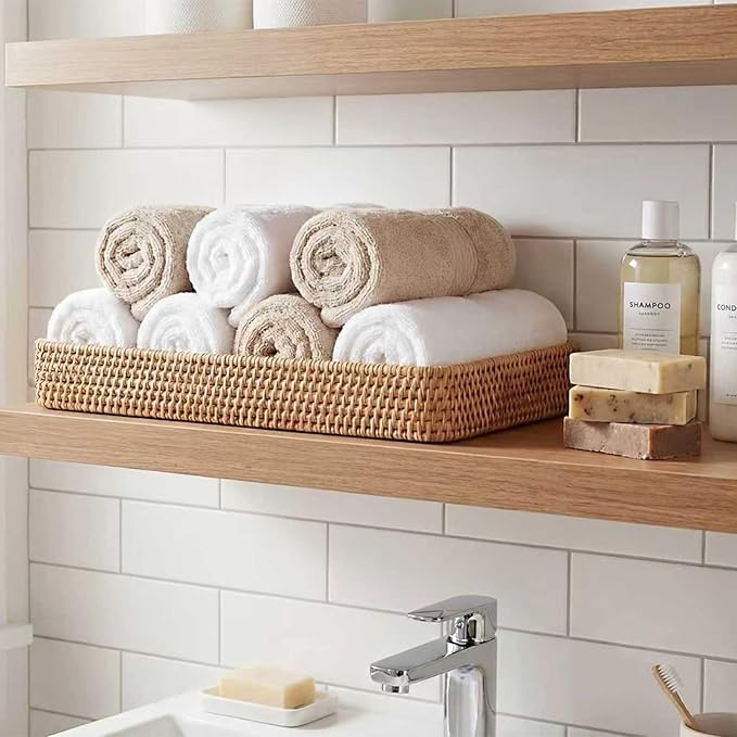 Rattan Serving Tray, Woven Wicker Rectangle Tray Shallow Basket for Organizing, Rattan Baskets for Coffee Table, Kitchen Counter, Bathroom, Organizing and Storage (14.6 x 9.1 inch)