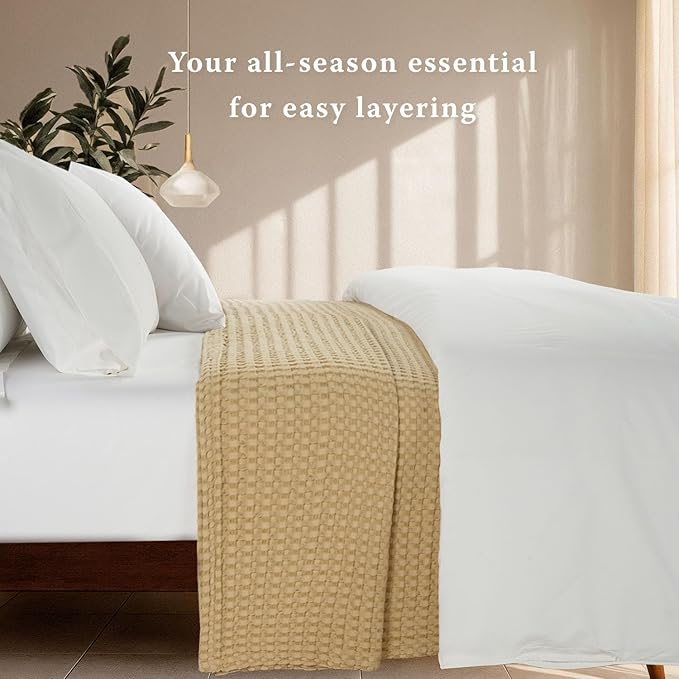 Threadmill Cooling Cotton Waffle Queen Size Blanket | Breathable, Lightweight & Ultra-Soft | Made from Rayon Derived from Bamboo | Cooling Throw Blanket for Couch and Sofa | 90 x 92 Inches | Beige