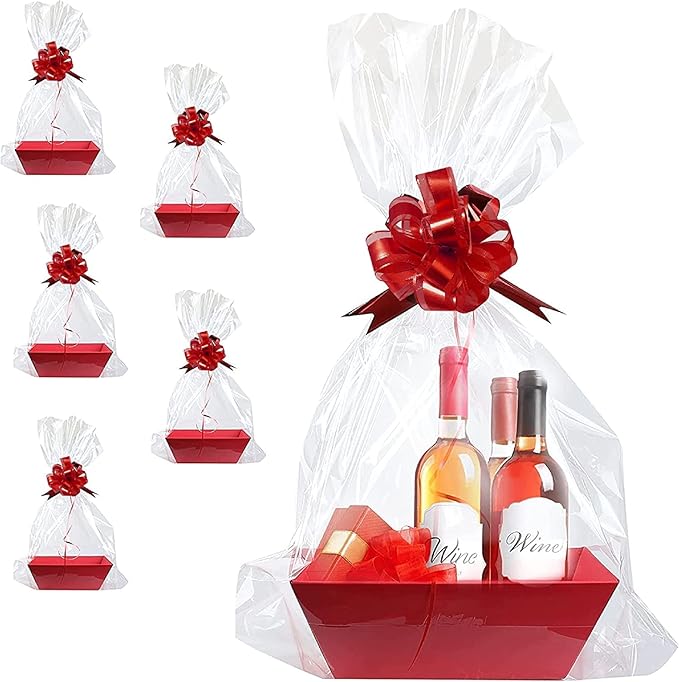 Upper Midland Products [5PK Large Red Baskets For Gifts Empty To Fill| Bulk Gift Basket Kit- 10x12' Big Basket | 5 Cellophane Bags | 5 Pack Red Pull Bows