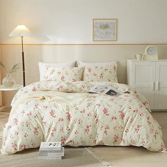 Boho Floral Duvet Cover Queen Soft Cotton Pink Floral Bedding Set Chic Garden Style Cute Flower Pattern Duvet Cover Vintage Floral Botanical Comforter Cover 1 Queen Duvet Cover with 2 Pillowcases