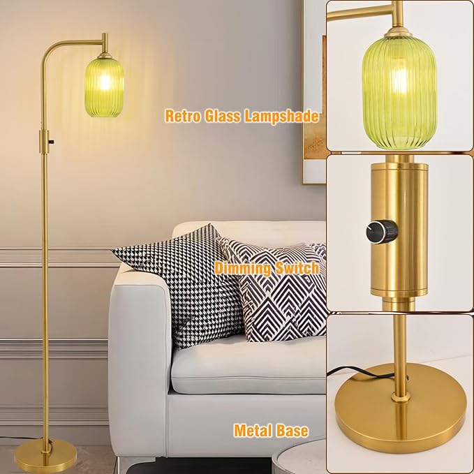 Asmymhd Dimmable Brass Gold Floor Lamp, Mid Century Modern Standing Lamp with Ribbed Green Glass Lampshade,Tall Lamp for Living Room Bedroom Study Room