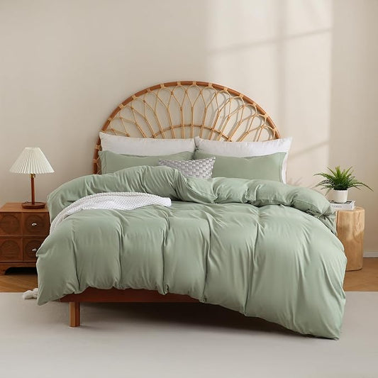 JSD Sage Green Duvet Cover Set King Size, 3 Piece Duvet Cover with Pillow Shams, Soft Brushed Microfiber Zipper Closure, Comforter Not Included