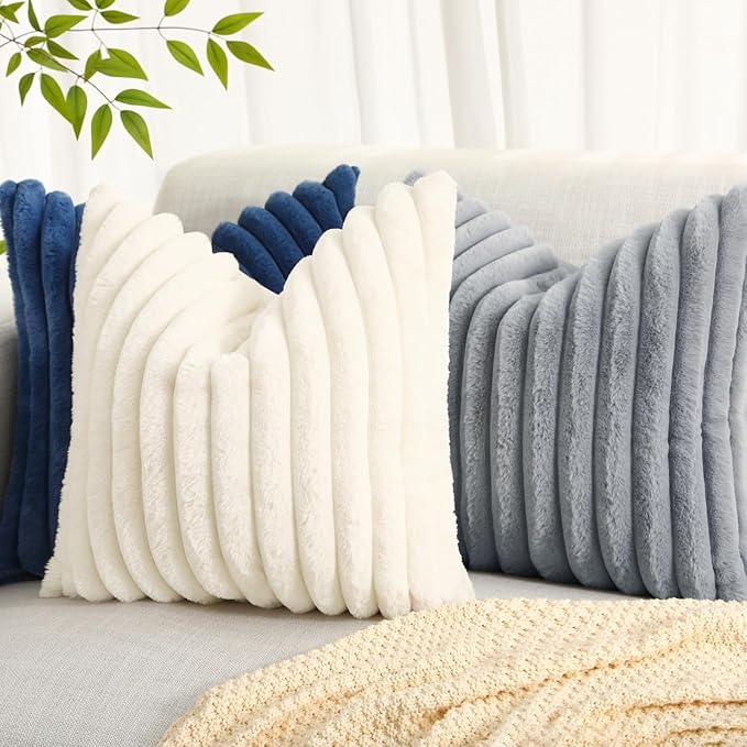 decorUhome Faux Fur Spring Throw Pillow Covers 20x20 Set of 2, Decorative Soft Plush Striped Neutral Couch Pillow Covers with Velvet Back for Sofa, Bed, Living Room Home, Grey