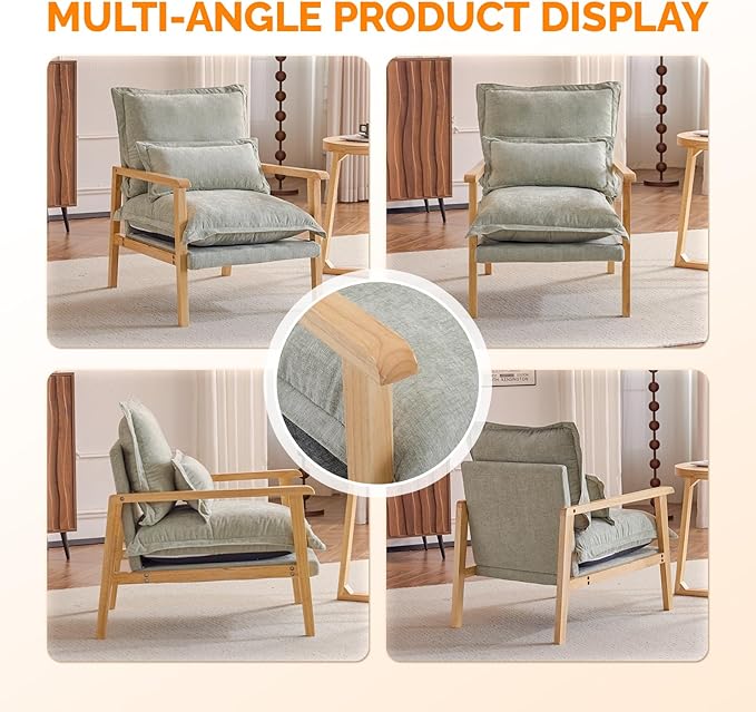 VINGLI Mid-Century Modern Cloud Accent Armchair with Lumbar Pillow, 6.3'' Thick Seat Cushion Comfy Reading Chair with Wooden Armrests，Boho Lounge Chair for Bedroom, Living Room, Chenille, Sage Green