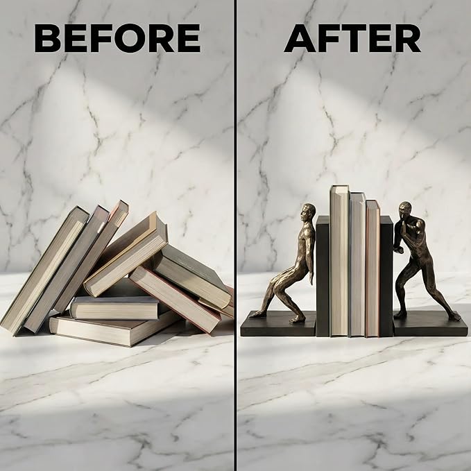 Comfy Hour Modern Gymnastic Men Art Bookends, 13'' Tall, Unique Decorative Bronze Athlete Statues for Shelves, Heavy Duty Resin Pushing Man Book Stopper, Cool Home Office Industrial Decor, 1 Pair