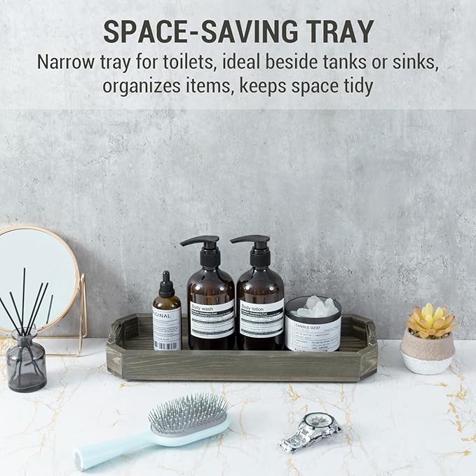 MyGift 2 Piece Narrow Wooden Vanity Tray, Vintage Gray Solid Wood Toilet Tank Tray, Decorative Octagonal Cosmetic Organizer with Antique Metal Handles