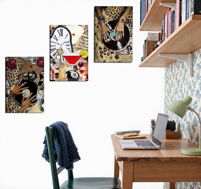 3 Pcs Leopard Wall Art , Black Woman Cheetah Print Room Posters Print Lucky 8 Ball Art, Funky Women's Aesthetic Room Pictures Girls Dorm Canvas Wall Art Decor for Dorm, Apartments, Bathroom, Bedroom 16*24 in