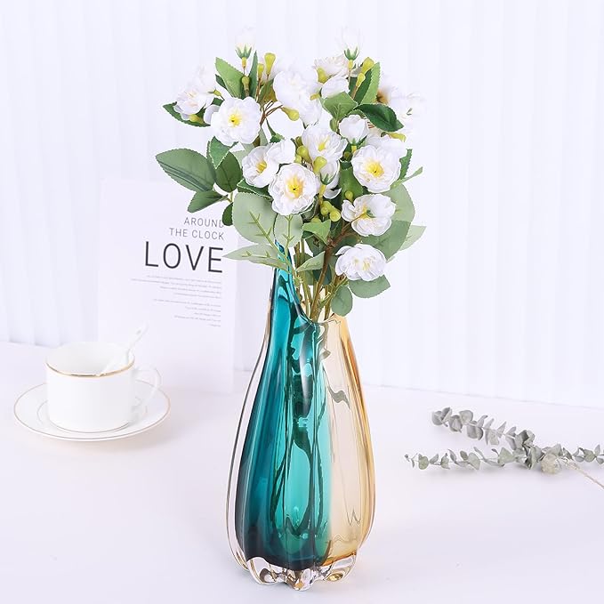 Hand Blown Glass Vase, Medium Wide Mouth Flower Vase Unique Modern Turquoise Glass Art Decor, Nonbreakable Vases for Table Centerpieces Living Room Decorative Amber and Teal Vase