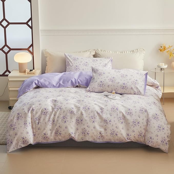 LifeTB Cotton Floral Duvet Cover Queen Vintage Style Purple Floral Bedding Set Chic Garden Flower Duvet Cover Boho Floral Botanical Comforter Cover with 2 Pillowcases Cottagecore Bedding Set Queen