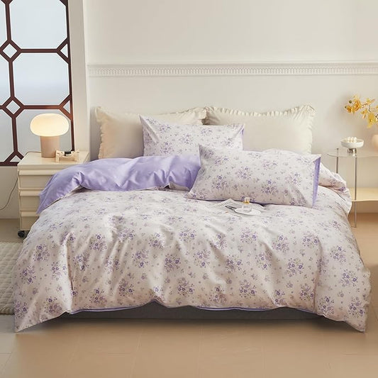 LifeTB Purple Floral Duvet Cover Twin XL Soft White 100% Cotton Chic Garden Floral Bedding Set Twin XL Aesthetic Girls Flower Comforter Cover Vintage Floral Botanical Duvet Cover with Zipper Closure