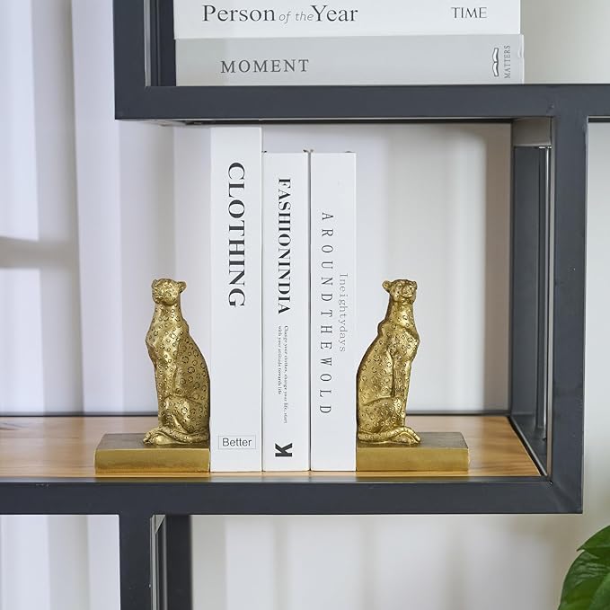 Gold Cheetah Bookends, Book Ends for Shelves to Hold Books Heavy Duty, Creative Resin Book Holders for Home Farmhouse Shelves Office Lover Gift