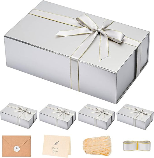 LIFELUM Gift Boxes with Lids,5 Pack 13.85 x 8.35 x 4.45 inch Silver Gift Boxes with Ribbon, Card, Shredded Paper Filler for Presents,Graduation,Christmas,Birthdays