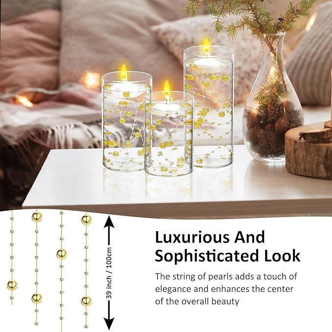 15 Set Glass Cylinder Vase with 20 Artificial Pearl String 30 White Floating Candle Cylinder Vase for Centerpieces 4"+ 6" + 8" Glass for Wedding Party Table Decor