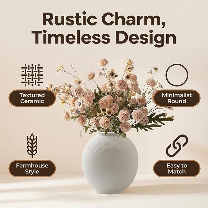 Large White Ceramic Vase, 10.8 inch Round Minimalist Textured Vase, Rustic Farmhouse Decor for Home, Living Room, Shelf, Table, Wedding & Entryway Decoration (Sandstone White)