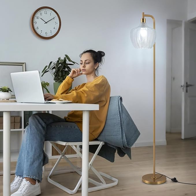 JERANDO Gold Floor Lamp for Living Room, Modern Standing Lamp with Remote, Dimmable Clear Glass Tall Lamp, Mid Century Vintage Floor Lamps for Bedroom, Study Room (Clear)