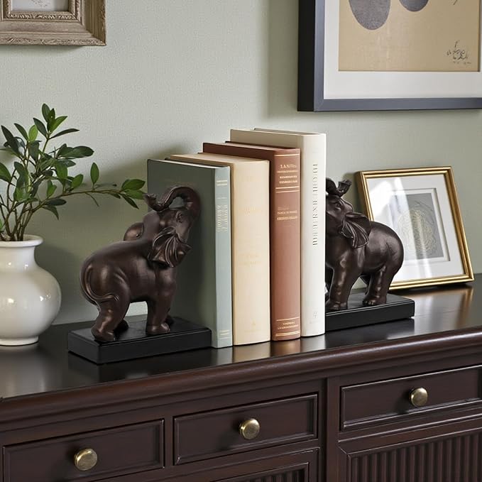 Elephant Decorative Bookends, Bookends for Shelves, Book Ends for Heavy Books with Anti-Slip Pad for Book Lovers Heavy Book Holder for Home Office Decor (Bronze)