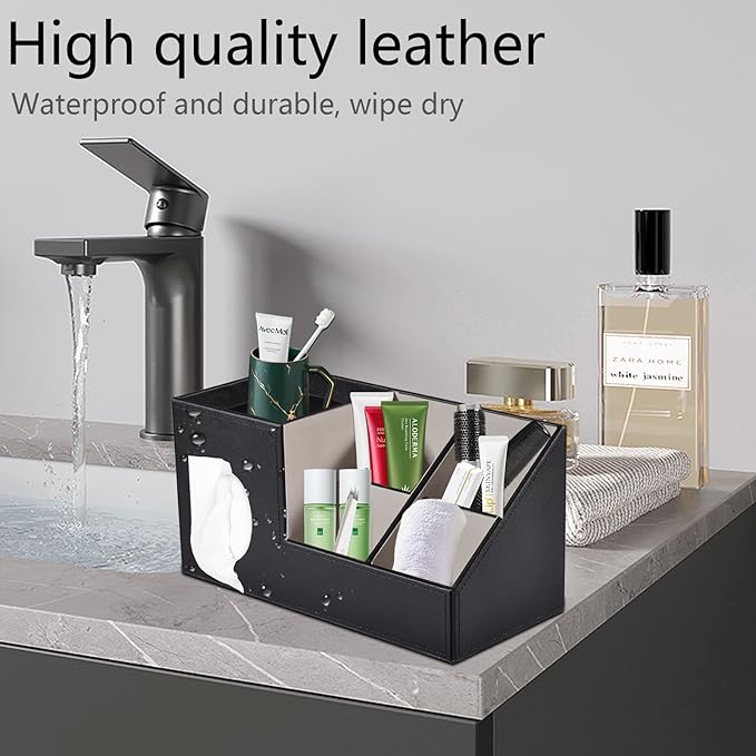 Plus Size Tissue Box Cover-Square Tissue Cover with Side Storage and Tray,Modern Makeup Organizer,PU Leather Tissue Holder Decorative Cube Organizer for Living Room Vanity NightStand Office,Black