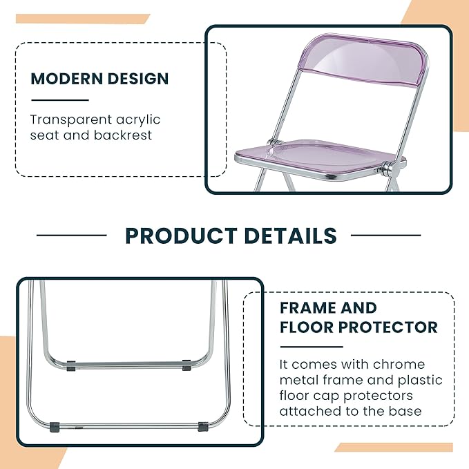 LeisureMod Lawrence Modern Clear Acrylic Folding Chair with Metal Frame, Space-Saving Transparent Seating for Dining Room, Home Office, Bedroom, Vanity or Small Spaces, (Magenta, Singles)