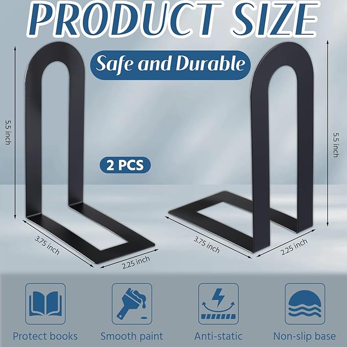 Chunful 2 Pcs Modern Metal Book Ends for Shelves Decorative Small Bookends Book Shelf Organizer Minimalist Design Stopper to Hold Books for Home Office (Black,5.5 * 3.75 * 2.25inch)