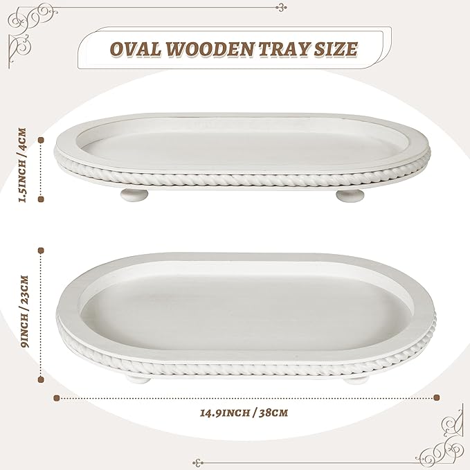 Urban Deco Oval Wooden Decorative Tray Set of 2, Farmhouse Vintage Decorative Tray Stand for Coffee Table, White Serving Tray for Living Room Kitchen Home Decor - 2 Pack