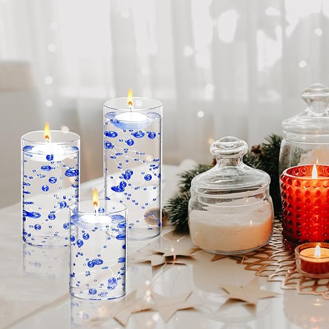6 Set Glass Cylinder Vase with 8 Artificial Pearl String 12 White Floating Candle Multi-Size Cylinder Vase for Centerpieces 4"+ 6" + 8" Glass for Wedding Party Table Decor (6 Pcs-Blue)