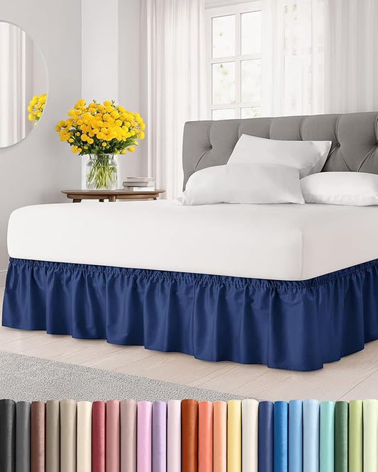 Wrap Around Dust Ruffle Bed Skirt - Navy Blue - for Full Size Beds with 21 Inch Drop - Elastic Strap - Adjustable Pleated Bedskirt with Brushed Fabric and Wrinkle Free - for Women, Men, Kids & Teens
