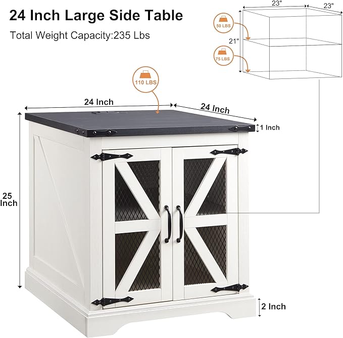 JXQTLINGMU Farmhouse End Table, 24" Large Sofa Side Table with Charging Station, Mesh Barn Door, and Adjustable Storage Shelf, Rustic Wood Square Nightstand for Living Room, Bedroom, Office, White