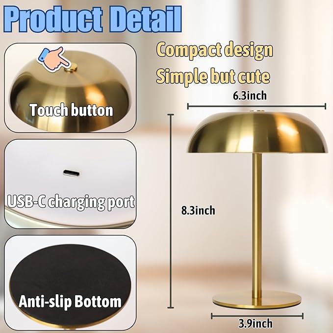 Portable LED Mushroom Table Lamp, Cordless Desk Night Light with 5200mAh Rechargeable Battery, Stepless Dimming Small Lamp with 3 Colors and Brightness Control for Bedroom/Bar/Coffee shop (Silver)