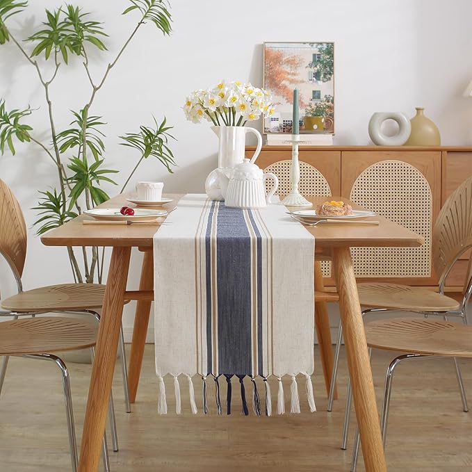 Niviy Blue Table Runner 36 Inches Long with Tassels, Seasonal Summer Washable Embroidered Striped Braided Blue and White Boho Table Runners for Holiday Party 12 x 36 Inches
