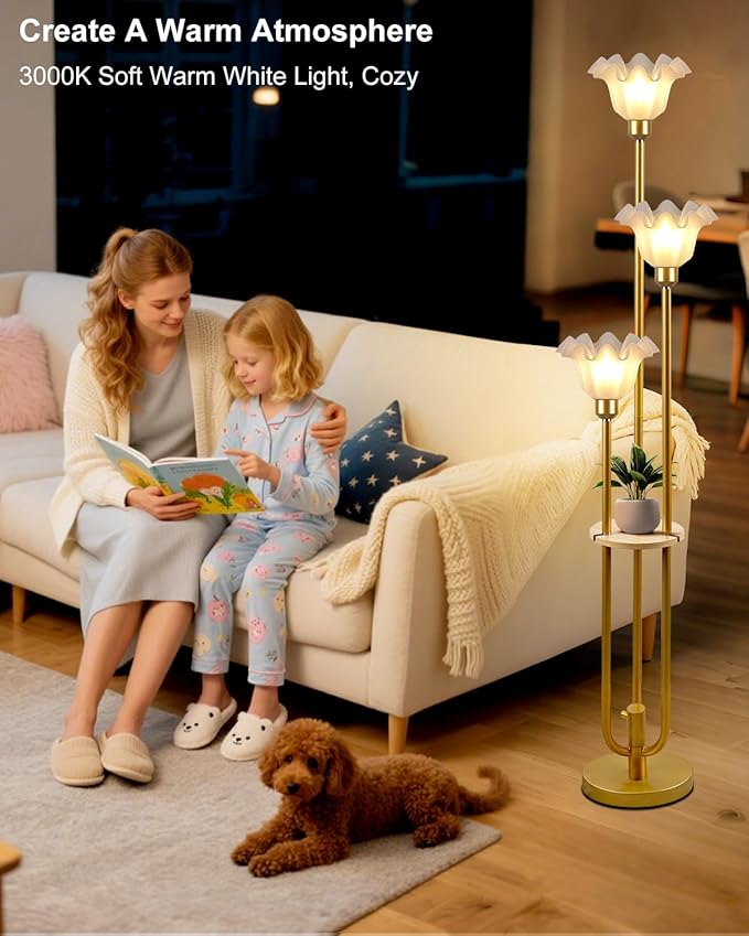 Lightdot Flower Floor Lamp for Living Room, Dimmable Vintage Floor Lamp with Shelf &3 LED Bulbs, 3 Light 3000K Soft Warmwhite Gold Mid Century Standing Lamp, Floral Tall Lamp for Bedroom Office
