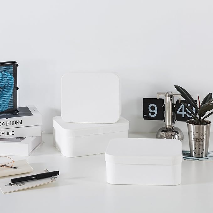 Soul & Lane Set of 3 Textured White Boxes with Rounded Edges, Decorative Cardboard Boxes with Lids, Large Nesting Paperboard Containers for Gifts, Organizing, Keepsakes