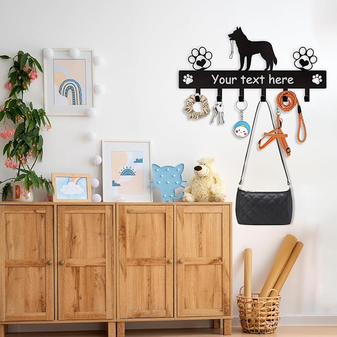 Custom Metal Key Rack Wall Mount with Name, Key Hooks and Dog Leash Holder for Entryway Doorway