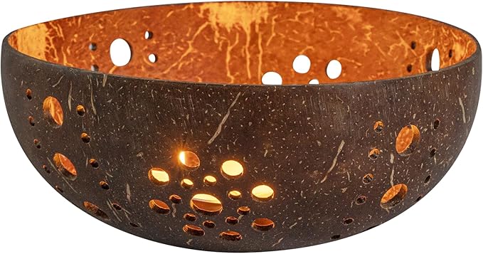 Restaurantware-Coco Casa 5.1 x 2 Inch Coconut Shell Candle Holder, 1 Reusable Tealight Holder - Candle Not Included, Sun Pattern, Brown Coconut Bowl for Candles, Handcrafted