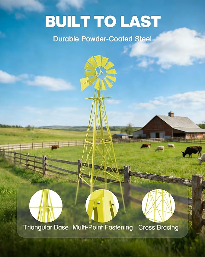 8FT Windmill for Yard Garden Decoration with Weather Vanes，Heavy Duty Outdoor Wind Mills, Large Metal Outdoor Windmill,Weather Resistant,Yellow