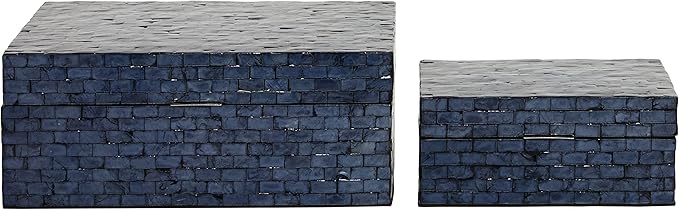 Deco 79 Mother of Pearl Shell Handmade Decorative Box Mosaic Storage Decorative Keepsake Boxes, Set of 2 Storage Boxes 5", 4"H, Dark Blue
