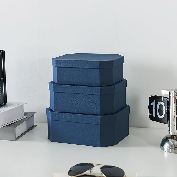 Soul & Lane Octagon Textured Decorative Boxes in Navy Blue, Set of 3 Unique Nesting and Durable Cardboard Memory Storage Boxes for Organizing, Gifts, Keepsakes