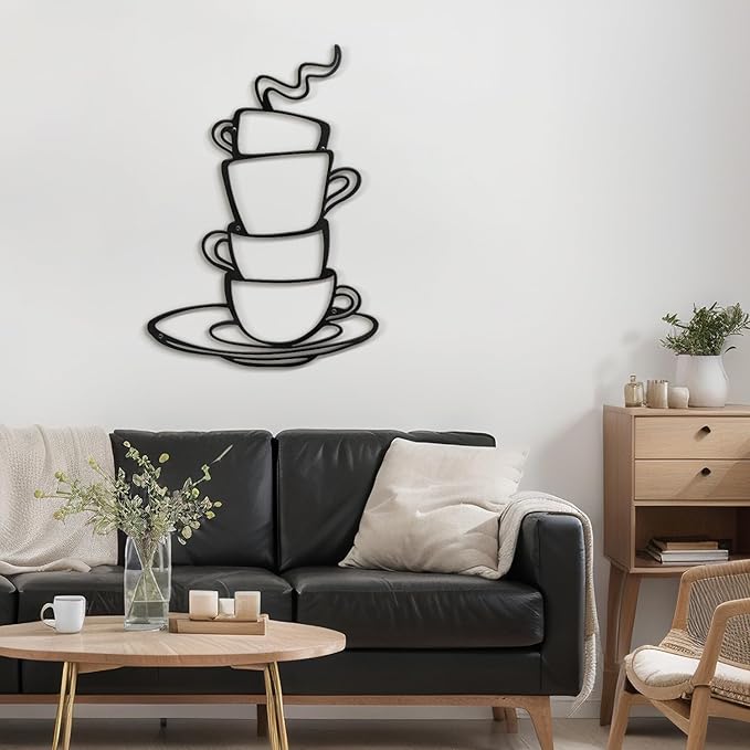 SIGNLEADER Metal Wall Art Decor Coffee Cup Modern Abstract Wall Sculpture Hangings Home Decoration for Living Room, Bedroom, Bathroom, Kitchen, Outdoor - 18" Black