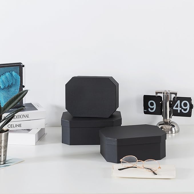 Soul & Lane Octagon Textured Decorative Boxes in Black - Set of 3: Unique Nesting Gift Set, Durable Cardboard Storage for Organizing, Memory Boxes for Keepsakes